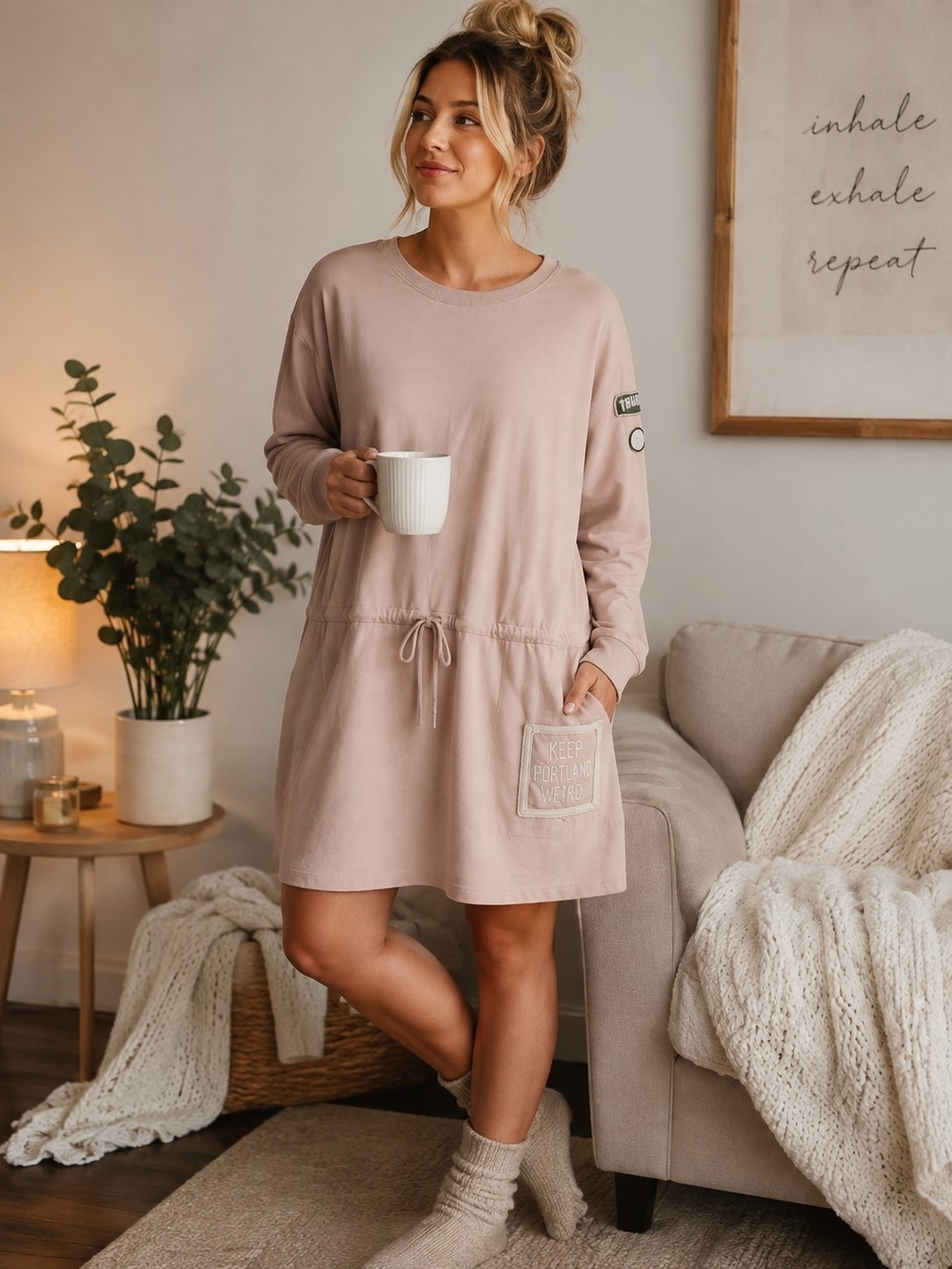 Thursday Island Dusty Pink Short Sweatshirt Dress Drawstring Waist Patch Size M